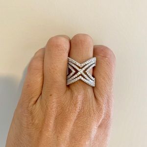 Silver plated white crystal double x ring size 7